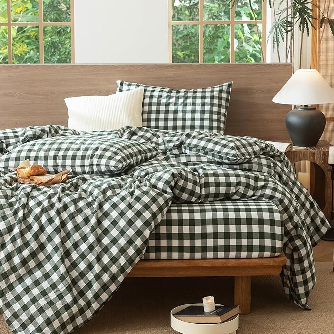 MooMee Gingham Duvet Cover Set 100% Washed Cotton Linen Like Textured Breathable Durable Soft Comfy Modern Checkered Design (Buffalo Plaid Forest Green, Twin 68"x90")