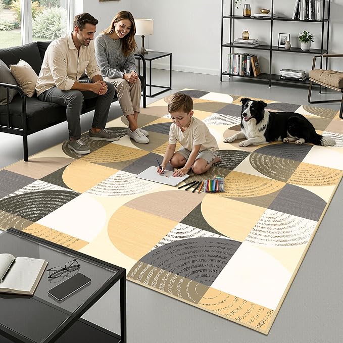 Merelax 5x8 Geometric Rug for Livingroom Bedroom - Washable Non-Slip Abstract Multi-Color Area Rug, Indoor Floor Carpet Low Pile Soft Rug for Dining Room, Mudroom, Modern Aesthetic Decor, Light Tan