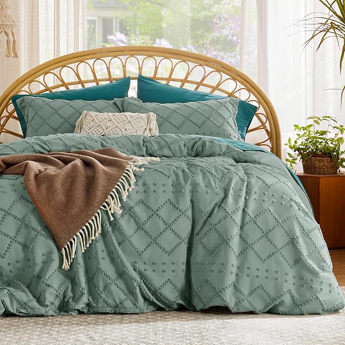 Bedsure Boho Duvet Cover King Size - Green Breathable & Soft Boho Bedding, Machine Washable Comforter Cover for All Seasons, Includes 1 Duvet Cover 104"x90" with 2 Pillow Shams & Zipper Closure