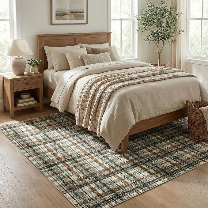 Washable Area Rugs 4x6 Rug for Living Room Modern Non Slip Throw Rugs Soft Bedroom Rug Non Shedding Low Pile Stain Resistant Carpet for Dining Room Nursery Classroom 4'x6' Celadon&Coffee