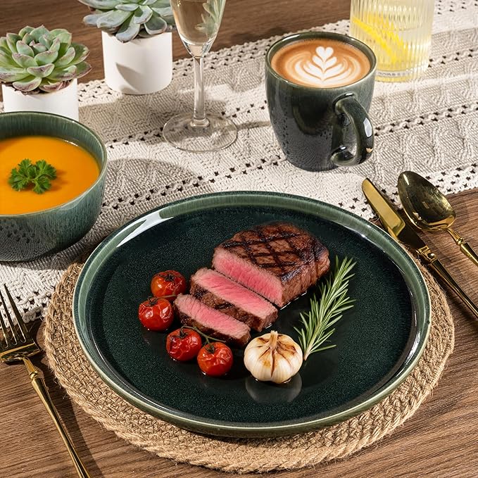 GBHOME Ceramic Dinnerware Sets for 4, 12 Pieces Stoneware Plates and Bowls Sets, Scratch Resistant Dishes, Dishwasher & Microwave Safe, Reactive Glaze-Earth Green