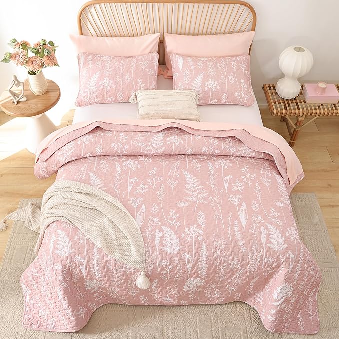JANZAA Quilts Queen Size Pink Quilt Botanical with Floral Pattern Microfiber Bedspreads Queen Size 3 Pieces Lightweight Comforter Reversible Bedding Set with 2 Pillow Cases