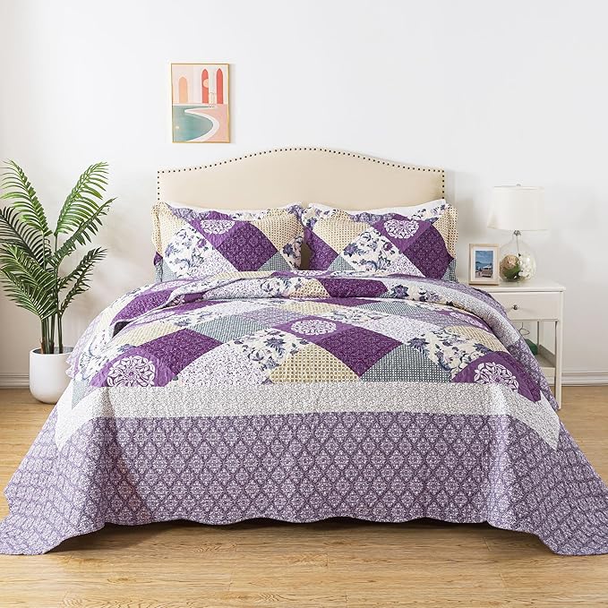 HoneiLife King Size Quilt Sets - 3 Pieces Microfiber Quilt Set Lightweight Bedspreads Reversible Coverlets Rustic Bed Cover King Quilt Bedding Set All Season Quilts-Beige & Purple