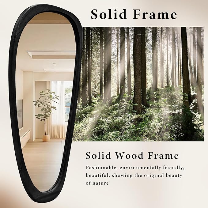 60''x22'' Asymmetrical Mirror with Black Wood Frame, Small Irregular Wavy Wall Mirror, Odd Shaped Mid Century Modern Mirror Decor for Bedroom Living Room Entryway Hall