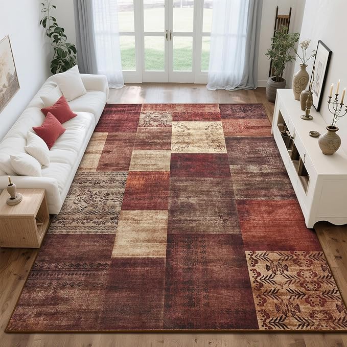 Tepook Modern Area Rug for Living Room, 5x7 Geometric Large Rugs for Bedroom, Washable Patchwork Rug Indoor Non-Slip Throw Carpets for Dining Room Office Farmhouse Home Decor, Red