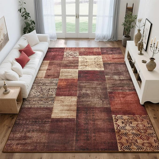 Tepook Modern Area Rugs for Living Room, 9x12 Washable Large Rug for Bedroom, Geometric Patchwork Rugs Indoor Non-Slip Throw Carpets for Dining Room Office Farmhouse Home Decor, Red