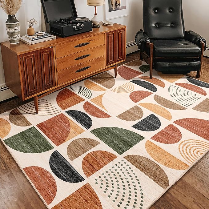 MUJOO Boho Rug Washable,4x6.5 Area Rugs for Bedroom Living Room Bedside Office,Throw Floor Carpet Non Slip Soft Indoor Modern Abstract Bohemian Terracotta