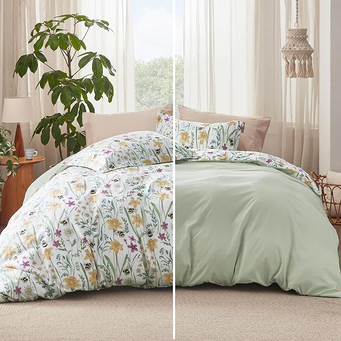 Bedsure Duvet Cover Queen Size - Reversible Floral Pattern Duvet Cover Set with Zipper Closure, 3 Pieces Green Bedding Set with 8 Corner Ties and 2 Pillow Shams 20"x26"