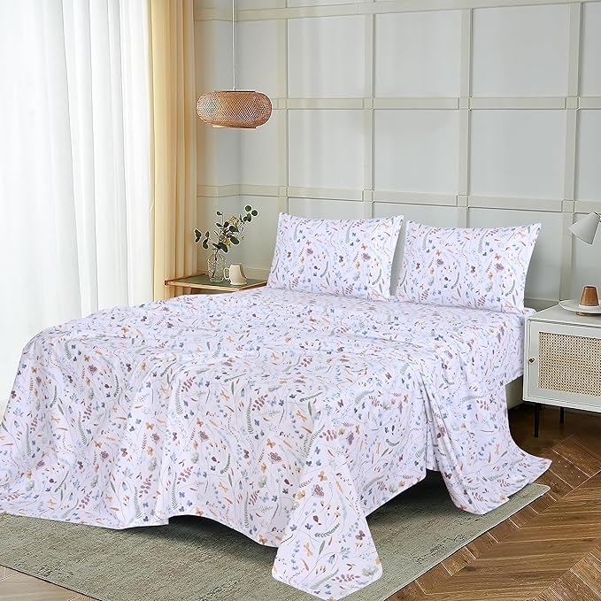 RUVANTI 100% Cotton Full Size Bed Sheets, 4 Pieces, Soft & Breathable Percale Weave Bedding, Deep Pocket 16", Hotel Standard, Crisp Cool Feel, Durable, Perfect Sheet Set Floral, Fern Class