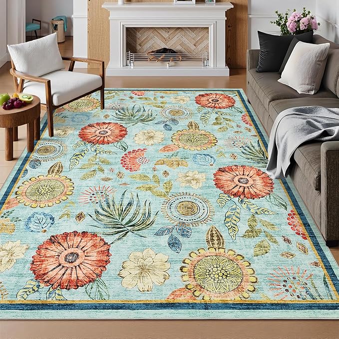 5x7 Washable Area Rug Non Slip Living Room Rugs Modern Floral Small Rug Non Shedding Soft Bedroom Floor Carpet Low Pile Thin Boho Botanical Floral Accent Carpet for Nursery Kitchen Office, Blue