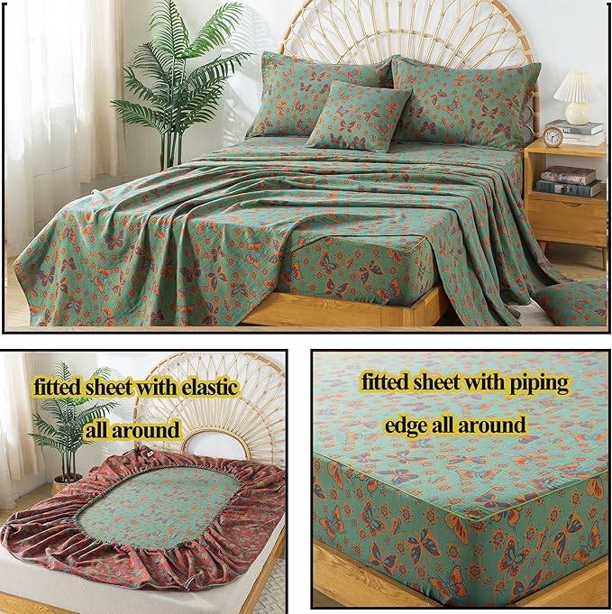 FADFAY Butterfly Sheets Set King Vintage Green Red Floral Bedding Shabby Farmhouse Bedding Super Soft Washed Double -Layer Muslin Sheets 100% Cotton Deep Pocket Fitted Sheet 4Pcs, King Size