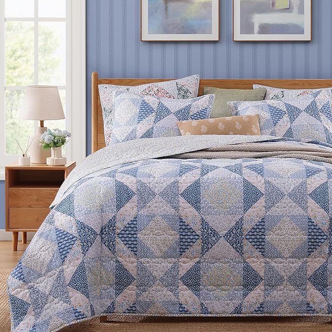Quilt Set Twin Size, Patchwork Blue Marigold Floral Quilt Sets, Reversible Bedspread Lightweight and Breathable for All Seasons, Soft Quilted Bedspread with 1 Pillow Sham