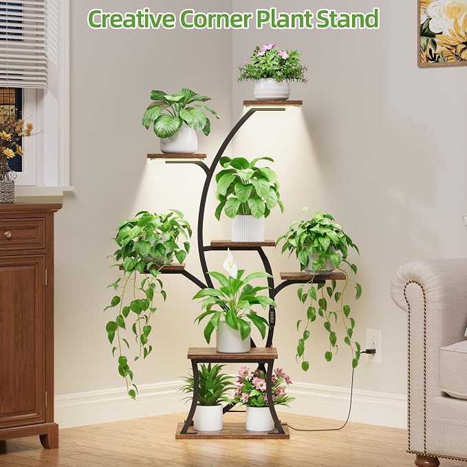 Indoor Plant Stand with Grow Lights, 7 Tiered, 44" Tall | Plant Shelf, Heavy Duty Anti-rust Iron Pipes, Water-resistant & Anti-corrosive Wood, Auto Timer, Long-lasting