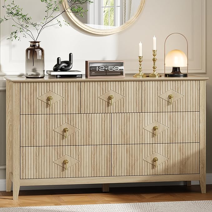 GarveeHome Fluted Dresser for Bedroom, 54 Inch Wide 7-Drawer Wood Dresser, Modern Chest of Drawers, Storage Organizer Cabinet for Living Room, Hallway, Entryway, Natural Oak