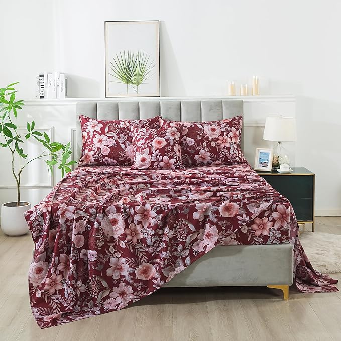 FADFAY Floral Sheets Set King Vintage Red Floral Bedding Shabby Pink Rose Elegant Peony Sheets Rustic Farmhouse Bedding 800 Thread Count 100% Egyptian Cotton Deep Pocket Fitted Sheet 4Pcs, King Size