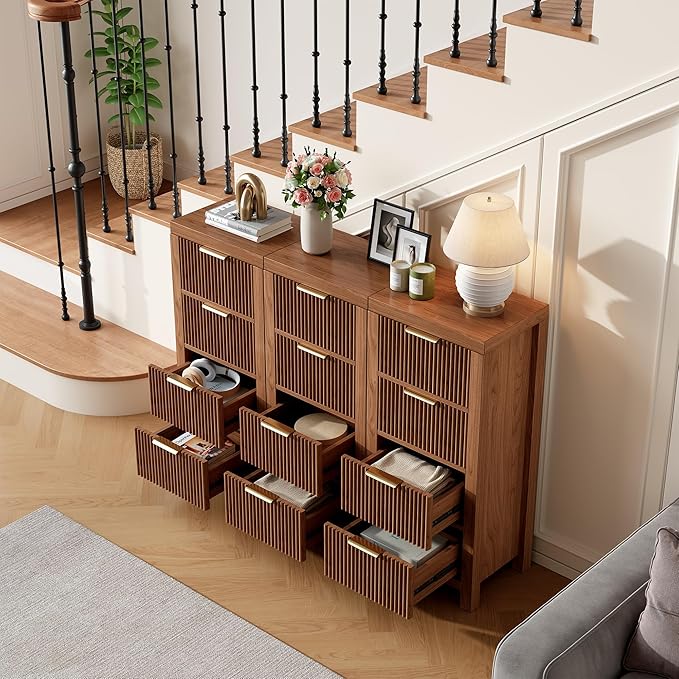 Modern 12-Drawer Solid Wood Dresser with Fluted Front & Gold Handles, Multifunctional Tall Storage Chest, for Hallway, Entryway, Walnut X3