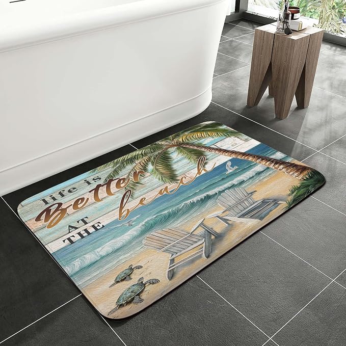 Beach Sea Turtle Seagull Palm Tree Ocean Bathroom Rugs Mat, Non Slip Rustic Beach Bath Rugs for Bathroom, Durable Rustic Wooden Flannel Mat Rug, Absorbent Water Mats for Laundry Room Kitchen,19X31