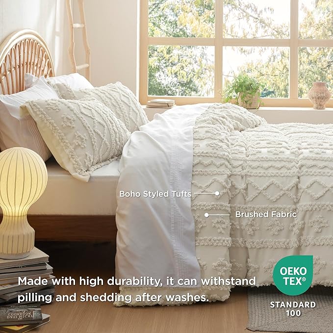 Bedsure Boho Twin Duvet Cover, Soft & Comfortable Elegant Design Boho Bedding for Decoration, Machine Washable Comforter Cover for All Seasons,Includes 1 Duvet Cover & 1 Pillow Sham,Beige