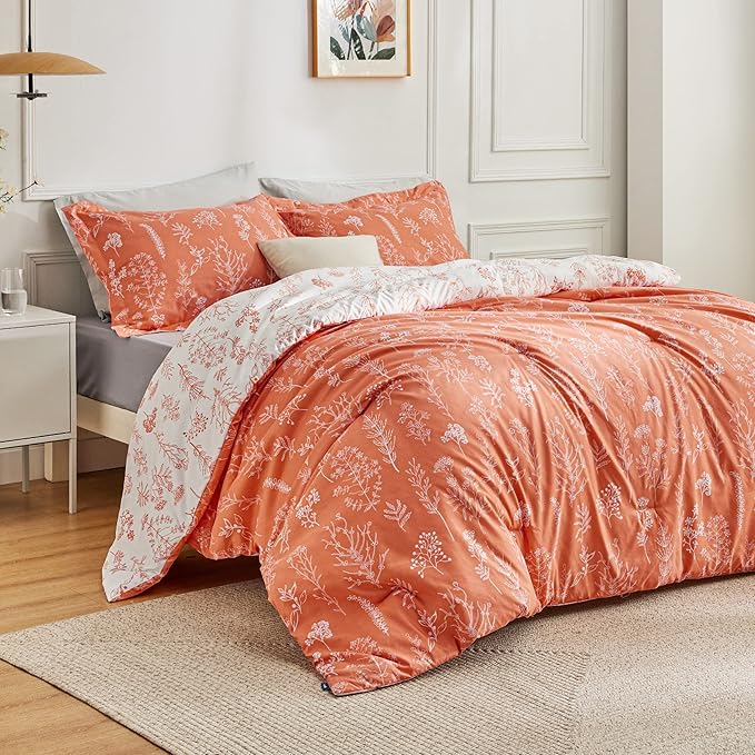 Bedsure King Comforter Set - Coral Orange Bed Set, 3 Pieces Cute Floral Bedding, 1 Soft Reversible Botanical Flowers Comforter and 2 Pillow Shams