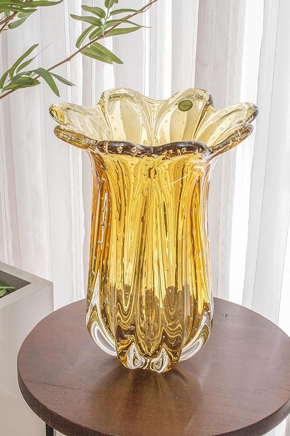Extra Large Blown Glass Vase Amber, Everest Model, Murano-Style, Handcrafted Brazilian Glass Art, Floral Arrangements, Home Decor, 21.8 lbs