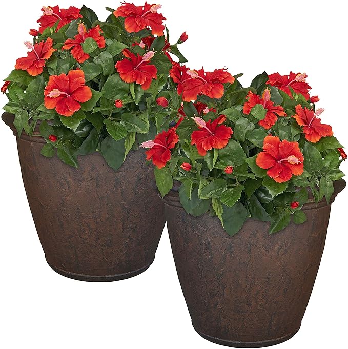 Sunnydaze 24-Inch Anjelica Large Plastic Pot for Plants - Double-Walled Outdoor Polyresin Round Planter Porch Pot with Drillable Drainage Holes - Rust - 2pk