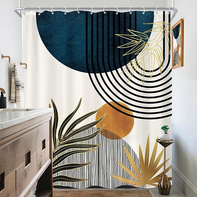 KOMLLEX Mid Century Blue Boho Shower Curtain 72Wx84L Inches Abstract Modern Blue Shower Curtains for Bathroom Decor Plant Botanical Minimalist Arch Sun Fabric Liner Waterproof Polyester 12 Pack Hooks