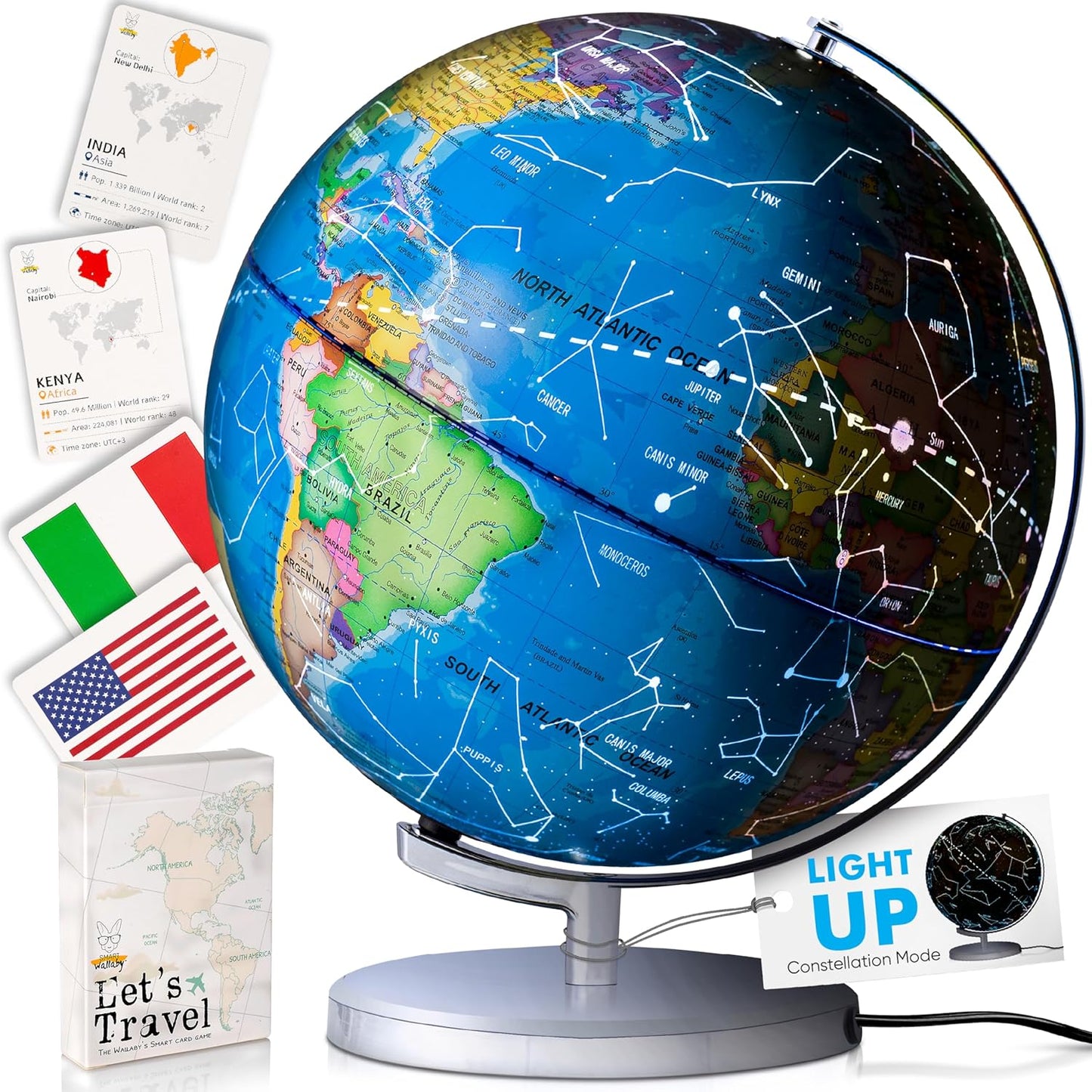 Smart Wallaby 9" Illuminated Kids World Globe - Interactive STEM Flags & Card Game, LED Night Light
