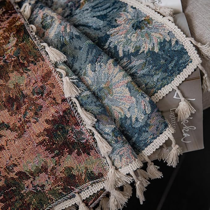 ENJOYBRIDAL Blue Floral Curtains 84 Inch Length 2 Panels Farmhouse Semi Sheer Drapes for Living Room Bohemian Rustic Rod Pocket Window Curtain Panels with Tassel Jacquard Bedroom Window Treatments