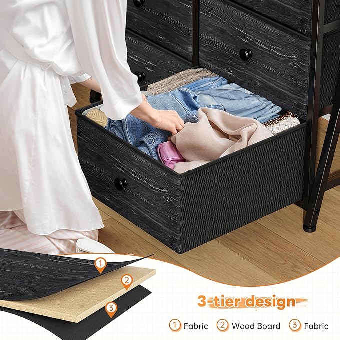 51" H Dresser for Bedroom with LED, 11 Drawer Dresser with Wire Grid Panels & Open Shelves for Entryway, Dorm, Black, 11.8" D x 33.9" W x 51.2" H