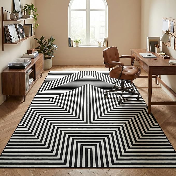 Washable Modern Lines Rug 9x12 Area Rug for Living Room Neutral Modern Geometric Rugs Low Pile Soft Bedroom Carpet Thin Foldable Abstract Floor Carpet for Dining Kids Room Playroom, Black
