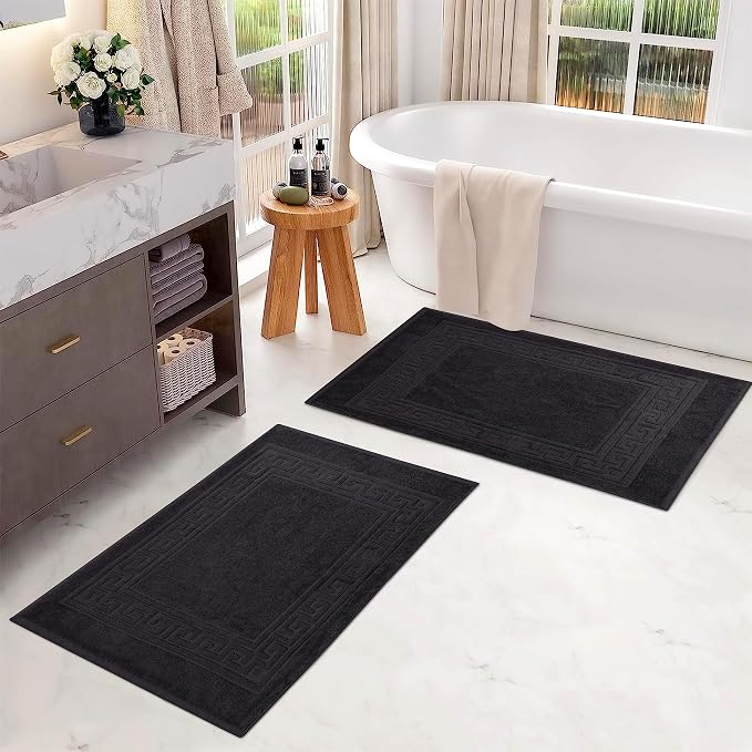 Superior Heavyweight Cotton Bath Mats, Bath Rugs For Bathroom Accessories, Washable Rug For Shower, Bath, Toilet, Modern Decor, No Backing, Luxury Hotel And Spa Quality, Set of 2, 22" x 35", Black