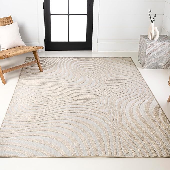 JONATHAN Y Maribo High-Low Abstract Striped Beige/Cream 4x6 Indoor/Outdoor Area Rug for Patio, Backyard, Living Room, Bedroom, Office, Hose-Washable (SCN103D-4)