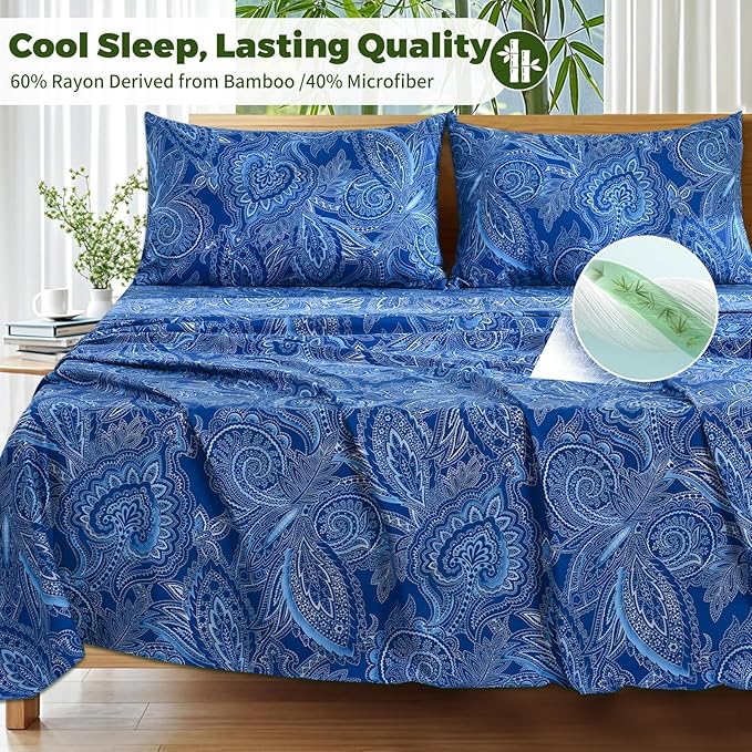 Bedlifes Queen Floral 4-Piece Sheet Set - Cooling Sheets Blend Rayon Derived from Bamboo,Soft & Breathable, Deep Pocket 16", Wrinkle Resistant - Paisley Dark Navy Blue