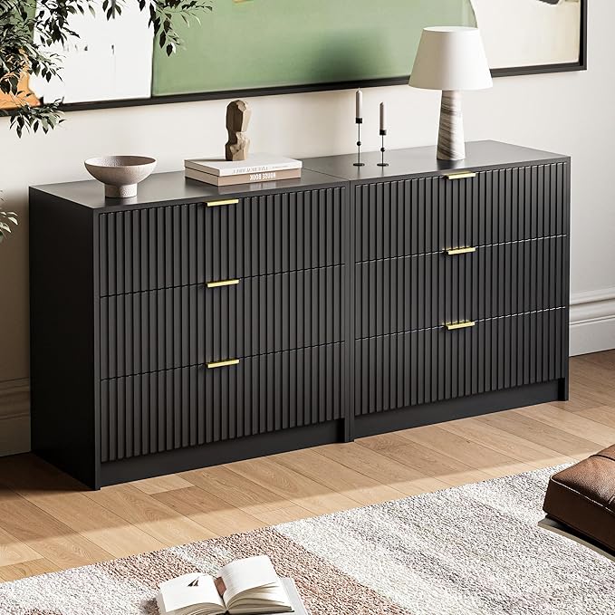 3-Piece Dresser Bedroom Set, 6 Drawer Dresser & 3 Drawer Nightstands with Gold Handles, Fluted Wood Chest of Drawers for Bedroom, Living Room, Entryway, Black