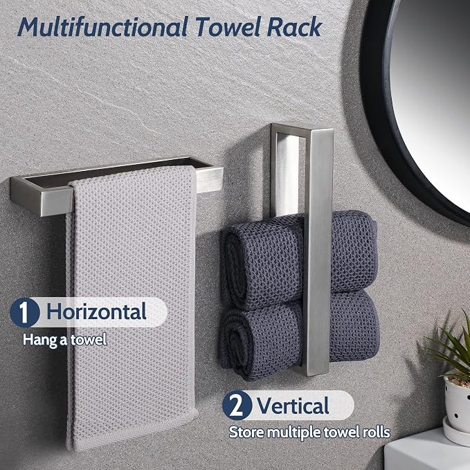 Sayayo Brushed Nickel Towel Bar for Bathroom, 10 Inch Hand Towel Holder Wall Mount Square Towel Ring SUS304 Stainless Steel Towel Rack