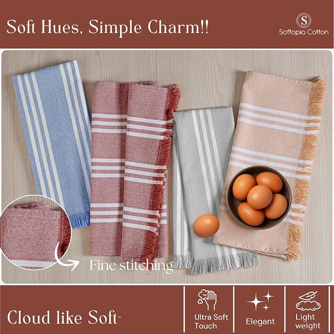 Dish Towels Multicolors 4 Pack, 16x26 Inches, Stripe Kitchen Tea Towels, Reusable Cleaning Cloths, Absorbent Drying Rags for Daily Use, Washable - Beige, Sky Blue, Light Grey, Rust