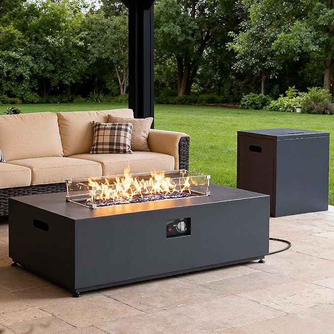 Aeeiua 42" Propane Fire Pit Table Set with Tank Holder, Rectangle 2-Piece Outdoor Firepit Wind Guard, Lid, Glass Stones and Cover