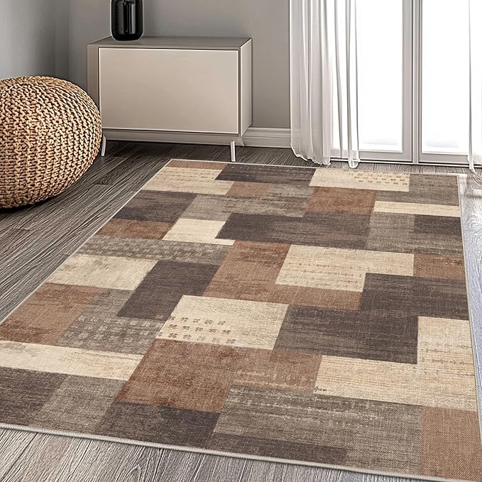 Modern Geometric Patchwork Indoor Area Rug for Living Room, Beige 6'x 9' Large Rug Rockwood Collection Hardwood Floors Decor for Bedroom, Beige Throw Carpet for Office Entryway Dining Room