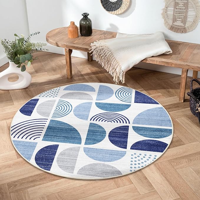 MUJOO Round Rug 4ft,Small Circle Area Rug Washable,Circular Rugs for Entryway Bedroom Kitchen,Boho Non Slip Throw Floor Carpet Modern Abstract Navy Blue