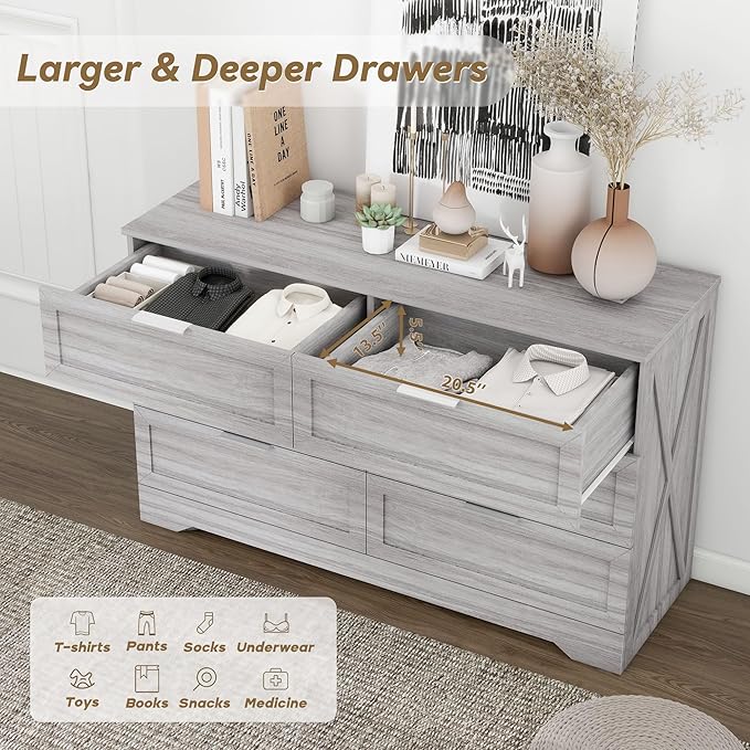 Modern 6-Drawer Dresser for Bedroom, Dresser Chest of Drawer with Large Drawers & Silver Handles, Wooden Dressers Drawers Storage Unit for Bedroom, Living Room, Closet (Wash Grey)