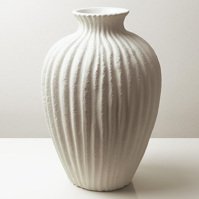 Handmade Ceramic Decorative Vase – Warm White Rustic Textured 10.4” Round Vase with Irregular Waves and Weathered Stone Finish for Home, Office, Farmhouse Decor