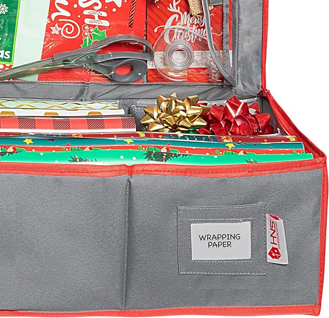 HOLDN' STORAGE Premium Wrapping Paper Storage Container - Durable 600D Tear-Proof, Fits 27 Rolls Gift Wrap, Extra Pockets for Ribbons & Bows, Underbed Storage - Ideal for Holiday Christmas, Grey/Red Trim