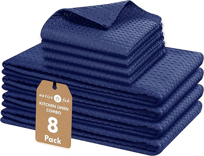 Native Fab 8-Piece Kitchen Towel Set, Includes 4 Dish Towels (16"x26") & 4 Dish Cloths (12"x12"), 100% Cotton, Absorbent & Durable, Ideal for Home & Kitchen Use - Indigo Blue
