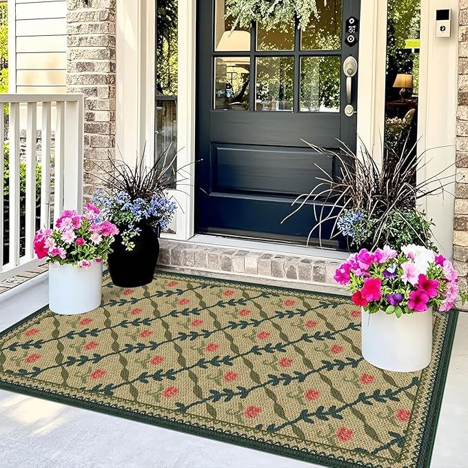 3x5 Entryway Rug - Small Washable Indoor Outdoor Mats for Front Door Non-Slip Porch Rug Jute-Look Boho Floral Throw Rugs for Living Room Bedroom Entryway Kitchen Office Front Porch Decor
