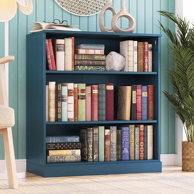 Palace Imports Solid Wood Bookcase - 3 Tier Floor Standing Bookshelf - 36" Short Storage Shelf, 32” W - Teal Blue, Display Furniture for Room, Renewable 100% Eco-Friendly Wood, Made in Brazil