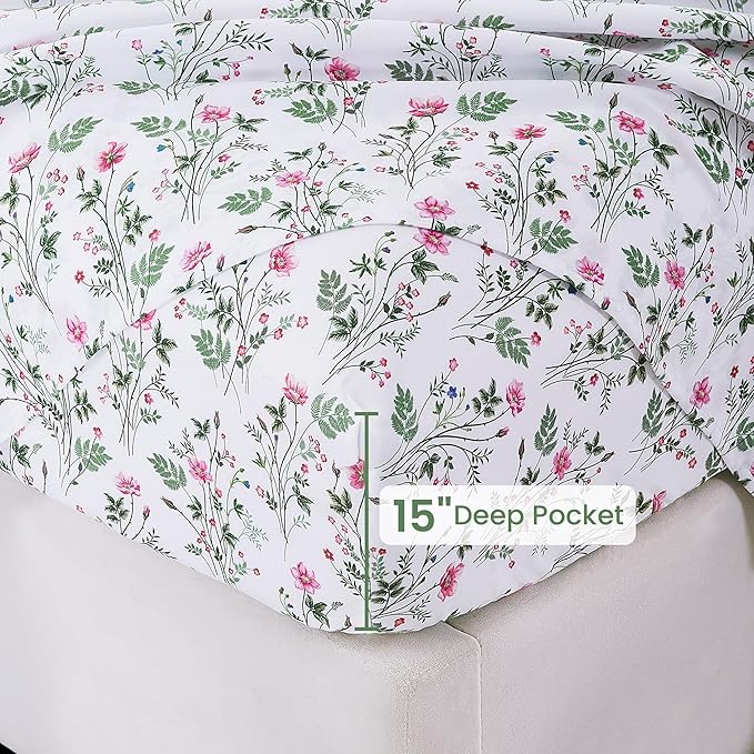 Softan Vintage Floral Twin Bed Sheets, Cozy Microfiber Flower Printed Sheets with 15" Deep Pocket Fitted Sheet & Non-Slip Straps, Patterned Botanical Wildflower Sheets & Pillowcase Set