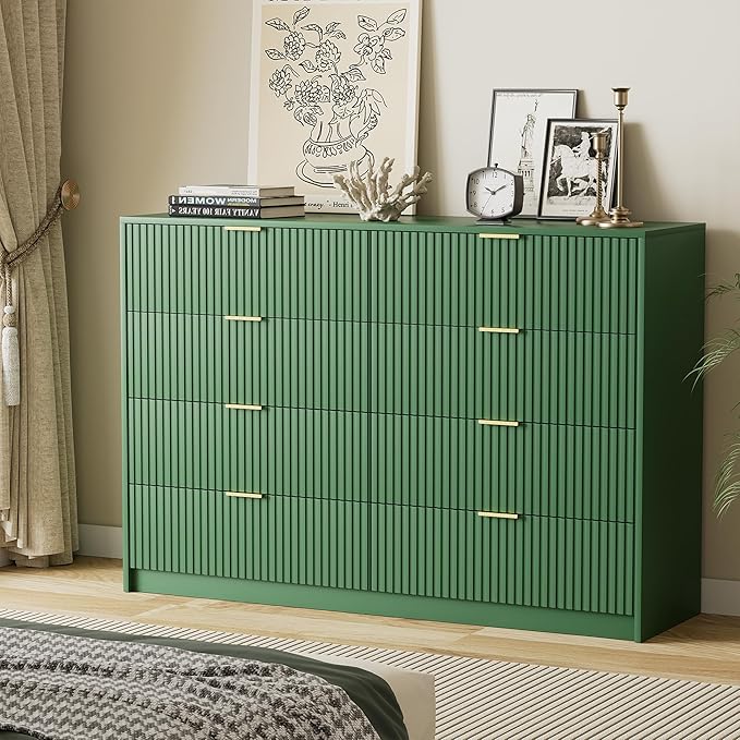 Green Dresser for Bedroom, Modern Dresser with 8 Drawers and Smooth Slides, Wide Chest of Drawers with Golden Handles for Bedroom, Closet, 15.7" D x 55" W x 37.4" H