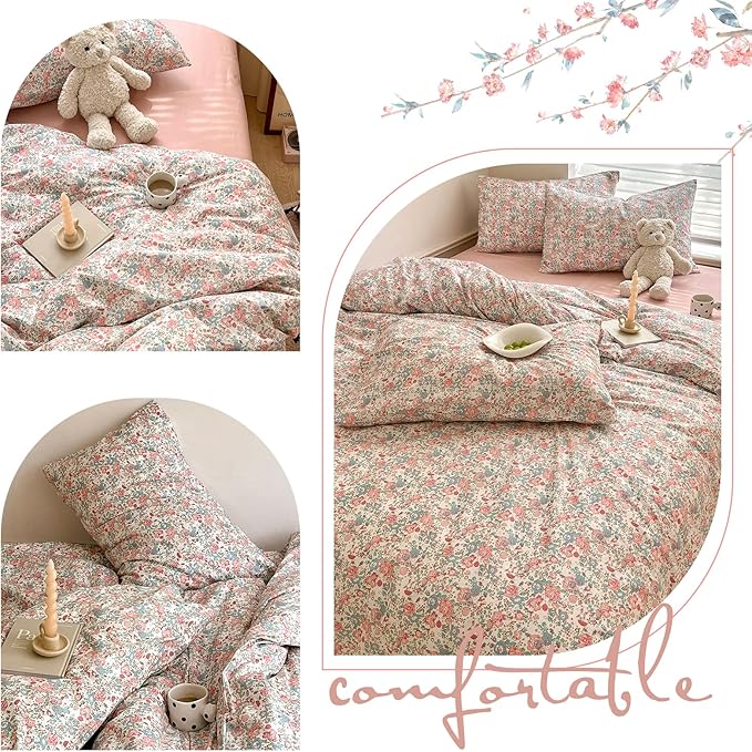 LIFETB Boho Floral Duvet Cover King Soft Cotton Aesthetic Bedding Sets French Style Pink Blue Flower Branches Chic Shabby Garden Comforter Botanical Size King(104/ inchsx90/ inchs)