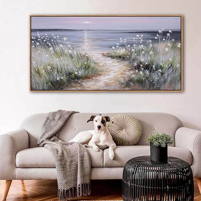 KLAKLA Bedroom Decor Wall Art Blue Beach Picture Ocean Theme Flower Canvas Print Modern Coastal Seascape Painting Framed Seaside Artwork Floral Daisy for Home Sea Lake Living Room 24X48 Inch