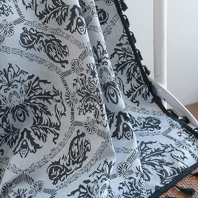 ENJOYBRIDAL Black Damask Curtains 96 Inches Long Semi Sheer Rod Pocket Drapes Bedroom Living Room 2 Panels Long Window Curtain Panels Boho Jacquard Medallion Pattern Light Filtering Window Treatments